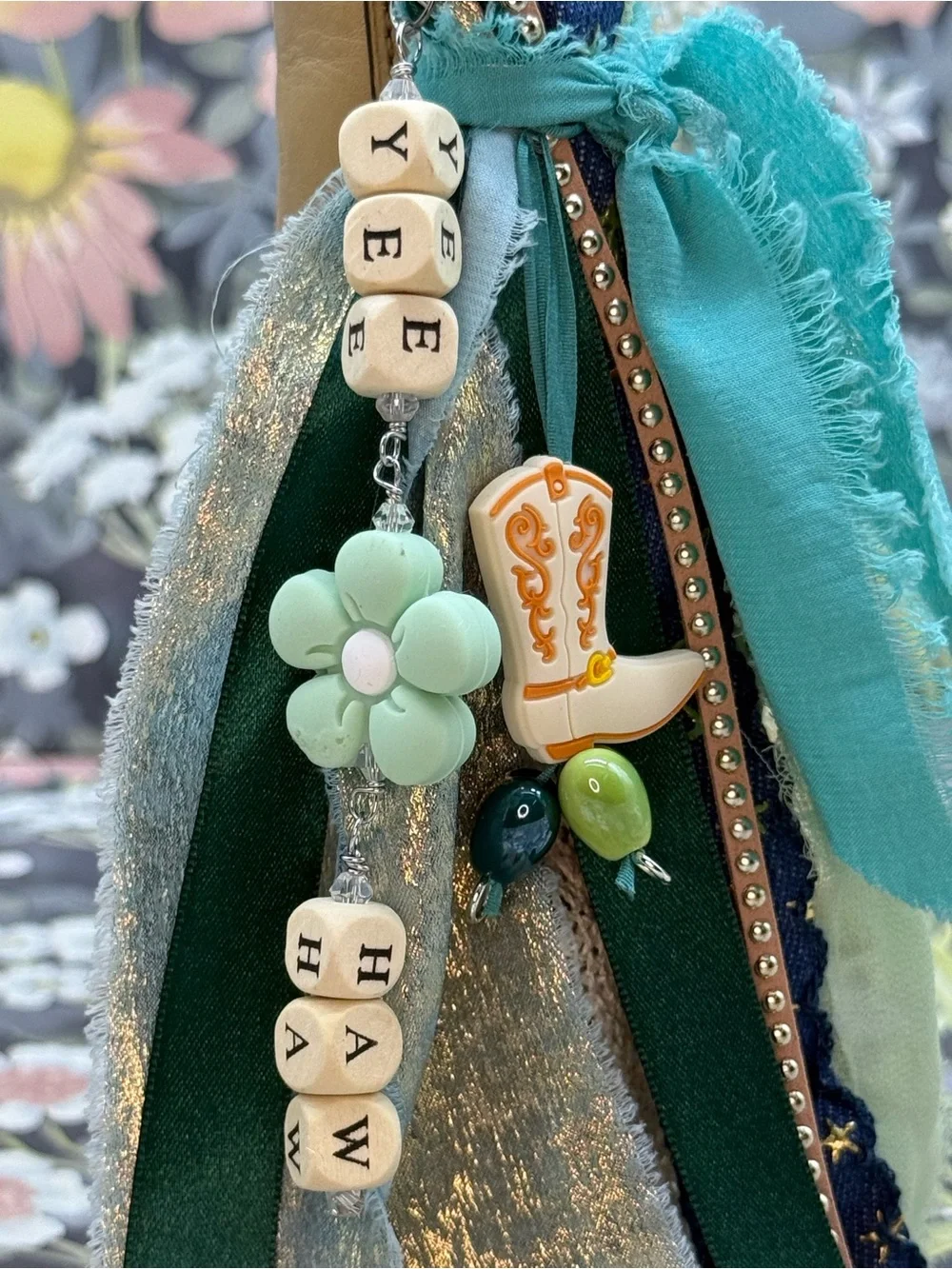 👑Adorned Crown Jewelry purse bag charm keychain yee haw cowgirl fabric tassel